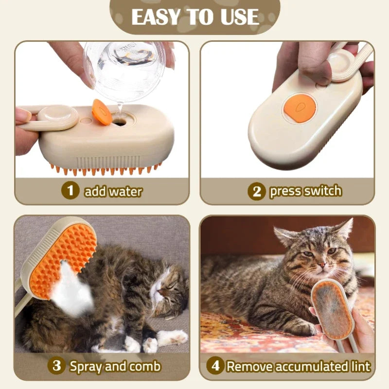 3-In-1 Steam Cat Brush & Grooming Comb - Effortless Pet Hair Remover with Massage Spray!